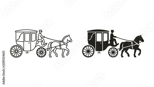 Cuadro en lienzo Horse-drawn Carriage Silhouette: Two detailed line art illustrations of a horse-drawn carriage, one in black and white outline and the other as a solid black silhouette