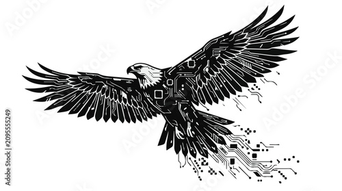 Majestic eagle soars with wings transforming into digital circuits, symbolizing technology and freedom.