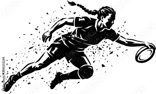 Female Rugby Player Diving with Ball Black Silhouette Vector Illustration in Dynamic Action Pose