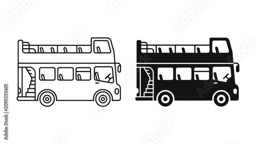 Fotografía Double Decker Bus Icons: A pair of line art icons depicting a classic double-decker bus, one in outline and the other in silhouette
