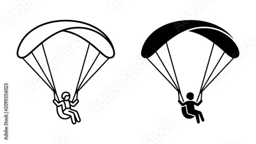 Quadro su tela Paragliding Icons: Two minimalist icons depict a paraglider suspended under a parachute, showcasing the thrill of this aerial sport in both outline and silhouette form