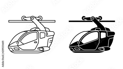 Cable Car Illustration: A stylized illustration of a modern cable car, presented in both outline and solid black versions, ready to transport passengers above.