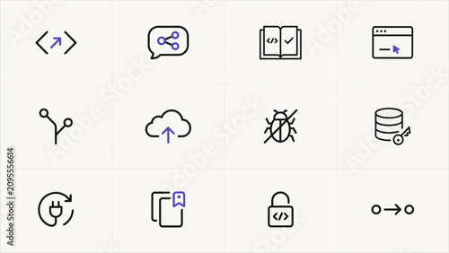 Flat geometric software coding and optimization icons – Perfect for modern DevOps platforms, programming books, or tech blogs.