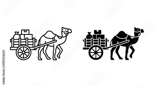 Photos Camel Caravan Icon: A stylized illustration depicting a camel pulling a cart laden with goods, representing transport and trade in arid regions, shown in both outline and silhouette