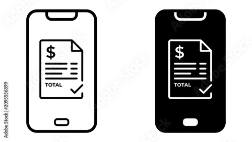 Valokuva Mobile Payment Icons: A sleek smartphone displays a digital invoice with a Total clearly marked and a checkmark, symbolizing efficient mobile payment and digital financial transactions
