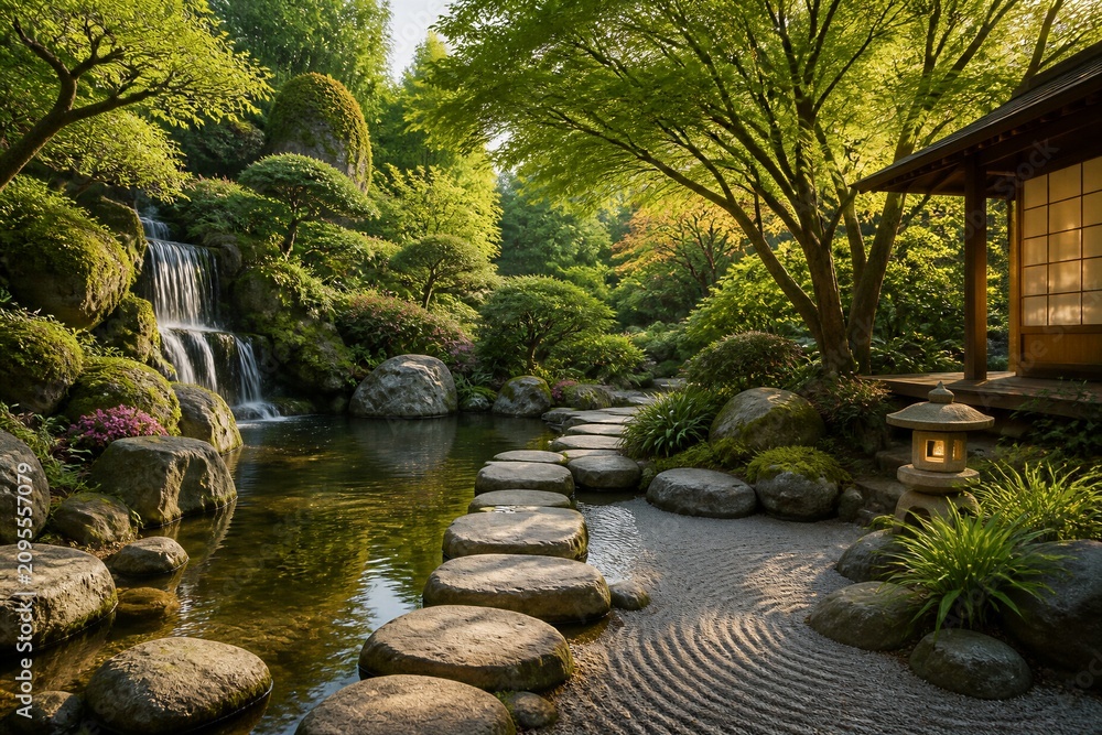 Fototapeta premium Stone stepping path through japanese garden with waterfall