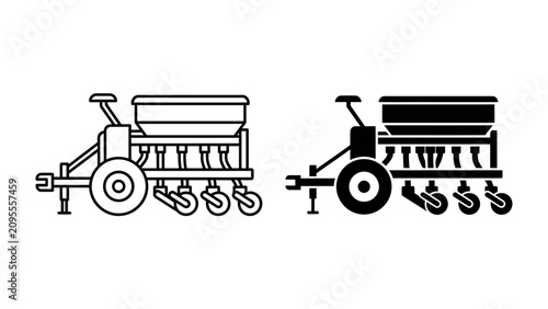 Seed Drill Icon: A set of two icons representing a seed drill, one in outline and one in solid black, perfect for agricultural or industrial applications.