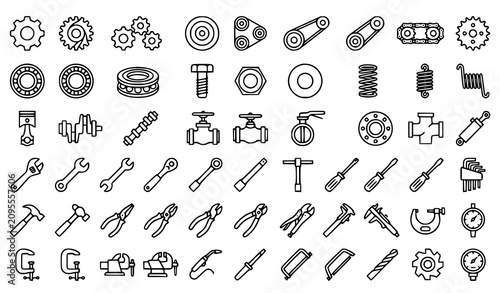 Bild auf Leinwand Industrial Engineering Outline Icon Collection with Mechanical Parts and Worksho