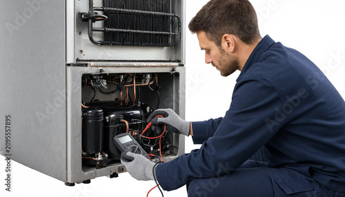 Technician inspecting and testing large electrical appliance components carefully transparent background
