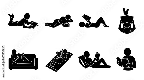 Fotografia Diverse Reading Poses Vector Icons Set, Silhouette Figures Engaged in Literature