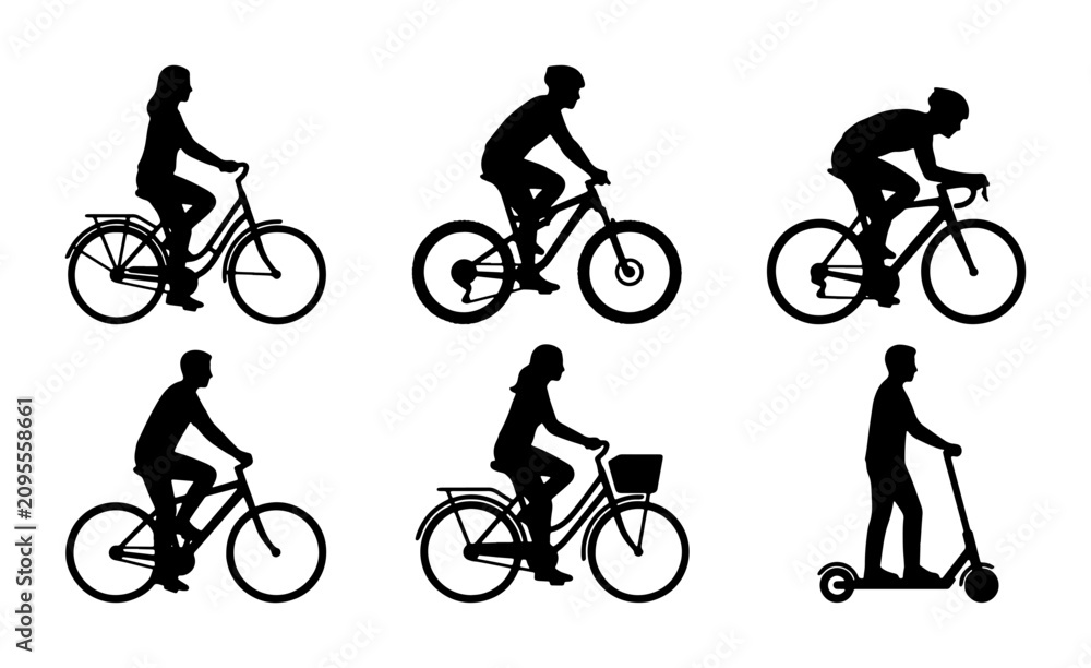 Obraz premium Diverse Bicycle and Scooter Silhouettes, 6 Vector Icons: Cyclists, Commuters, Urban Mobility, Active Lifestyle