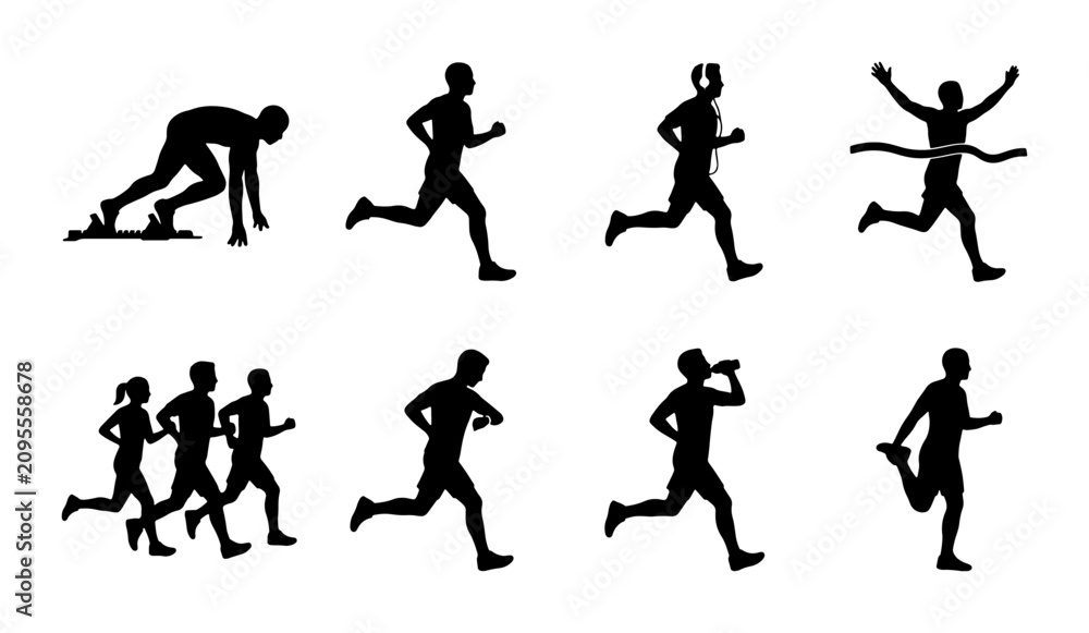Obraz premium Running Silhouettes Collection, Athletic Poses Set, Marathon Runners Vector Graphics, Sprinting Action Icons, Fitness Endurance Graphics