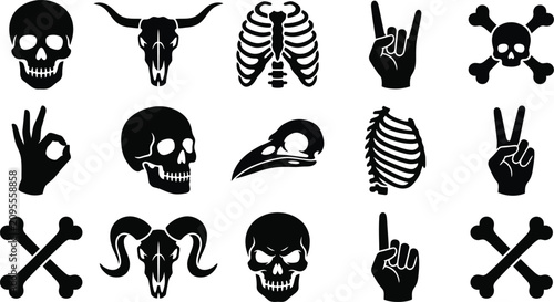 Human and animal skull set with bone fragments skeletal hands and rib cage icons in black.