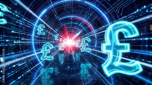 Futuristic digital tunnel with pound symbols and glowing data streams.