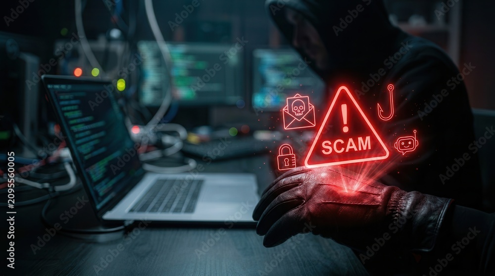 Fototapeta premium AI-powered scam concept with a red warning alert and cyber criminal icons