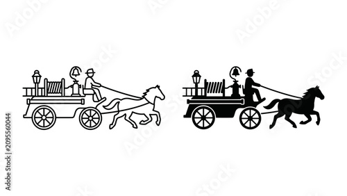 Horse-Drawn Fire Cart Duo: A graphic representation showcasing a horse-drawn fire cart in both outline and silhouette forms, highlighting its historical design and utility.