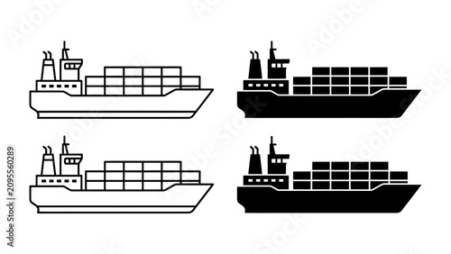Foto Cargo Ship Icon Set: Two pairs of cargo ship illustrations, one in outline and the other in silhouette, showcase the vessel loaded with stacked containers, symbolizing global trade and logistics