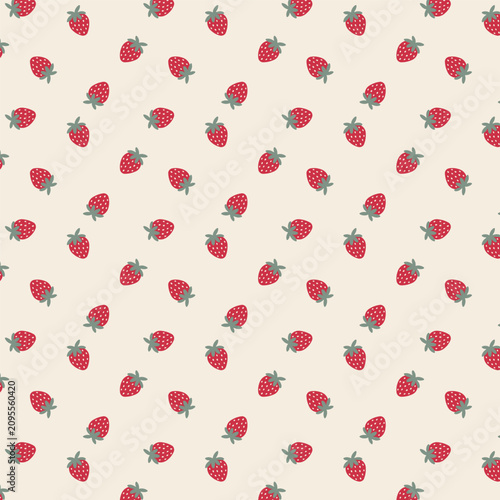 Strawberry Seamless Pattern Vector on Warm Cream Background, Cute Hand Drawn Fruit Repeat for Textile Fabric, Wallpaper and Wrapping Paper