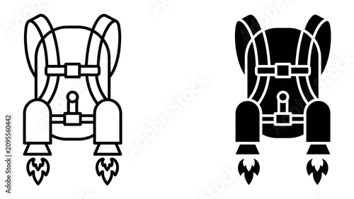 Jetpack Icon: A minimalist icon set featuring a jetpack, depicted in both outline and solid black, with fiery exhaust flames, symbolizing personal flight and futuristic transport.
