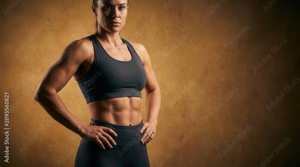 Fototapeta premium Athletic woman in sportswear showing a strong torso and defined muscles during fitness training.