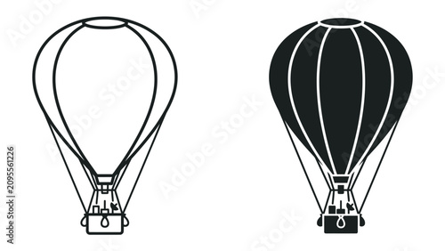 Hot Air Balloon Icons: A graphic representation showcasing two hot air balloons, one outlined in black and white and the other filled with solid black, both poised for flight.