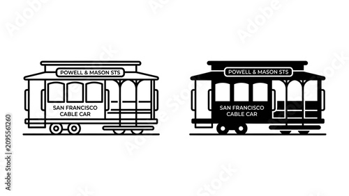 Photography San Francisco Cable Car Icons: A set of two stylized icons depicting the iconic San Francisco cable car, one in black and white, the other in silhouette