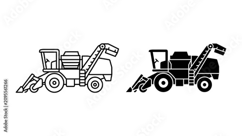 Combine Harvester Icon Set: Two simplified line art illustrations of a combine harvester, one in outline and one in solid black, representing agricultural machinery.