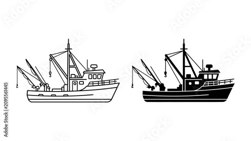 Foto Fishing Vessel Pair: Two detailed illustrations of a fishing trawler, one in outline and the other as a silhouette, showcasing its robust design for maritime work