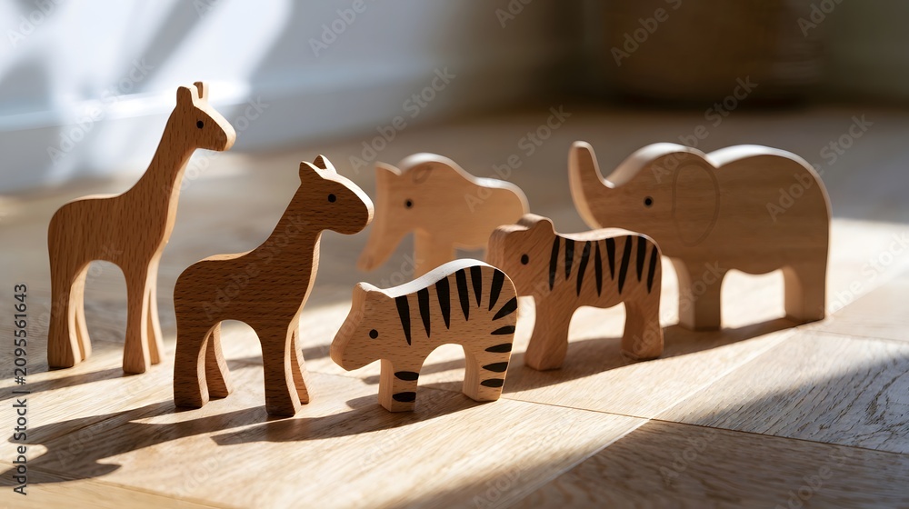Obraz premium A row of minimalist wooden animal figures including giraffe zebra elephant and horse standing on a light wood floor under natural sunlight