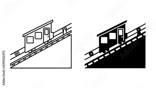 Photos Funicular Railway Icon: A minimalist representation of a funicular railway, showcasing a carriage ascending a steep incline on a track