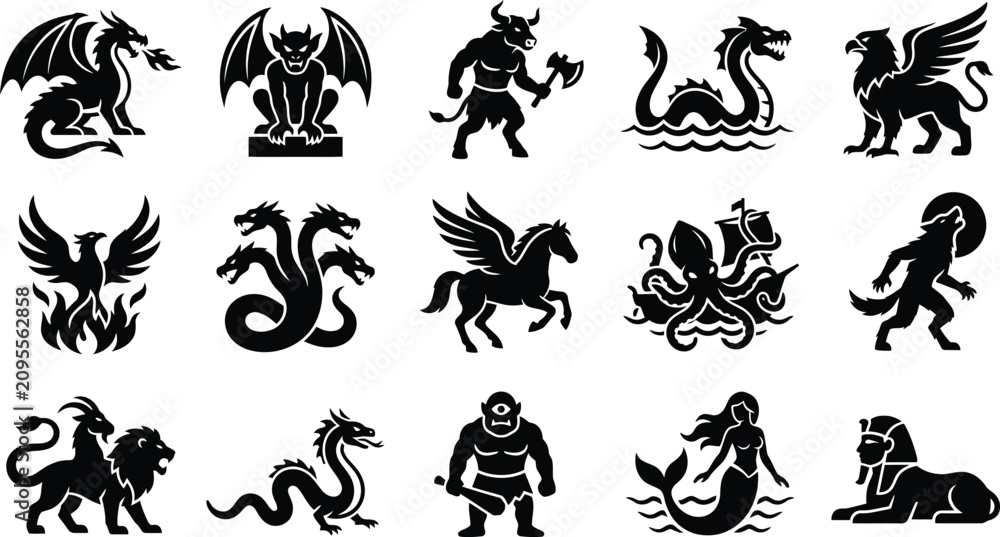 Obraz premium Mythical creatures and monsters icons with dragons griffins and minotaur for fantasy lore.