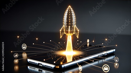 Rocket launch concept with smartphone and digital technology innovation illustration