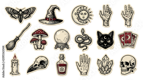 Occult Witchcraft Sticker Set: Hand-Drawn Esoteric Illustrations