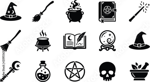 Collection of magic icons with witch hat broom cauldron and spell books for fantasy art.