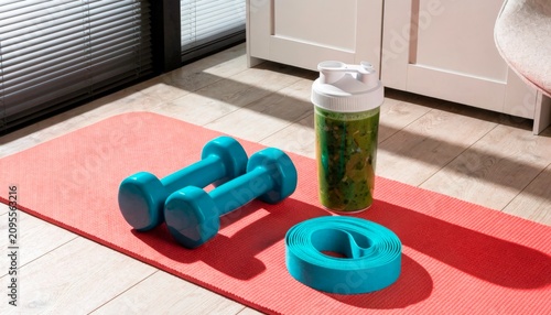 Workout equipment is placed on a exercise mat in a bright room in the afternoon