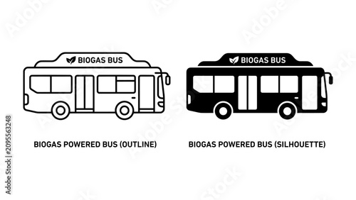 Biogas Bus Icons: A set of icons featuring a biogas powered bus, presented in both outline and silhouette styles, symbolizing eco-friendly transportation solutions.