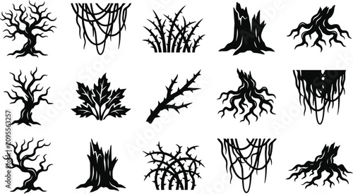 Set of black silhouette horror trees dead branches stumps roots and thorny bushes isolated.