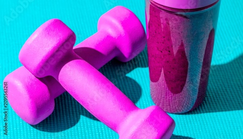 Bright pink dumbbells and a smoothie bottle on a workout mat during a fitness session