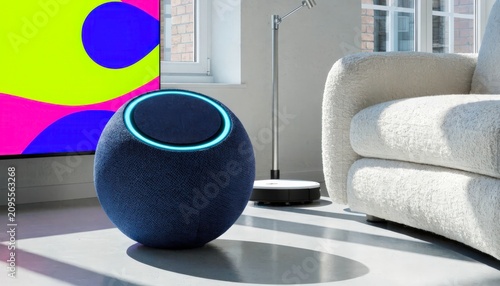 Modern smart speaker on the floor in a living room near a couch and a large TV