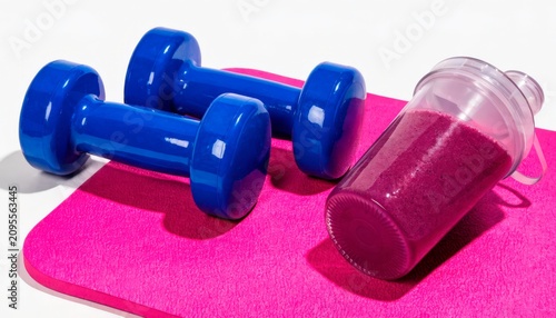 Workout gear shows blue dumbbells and a smoothie on a pink mat