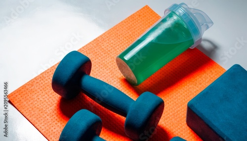 Fitness equipment on an orange mat with a drink and weights during a workout session