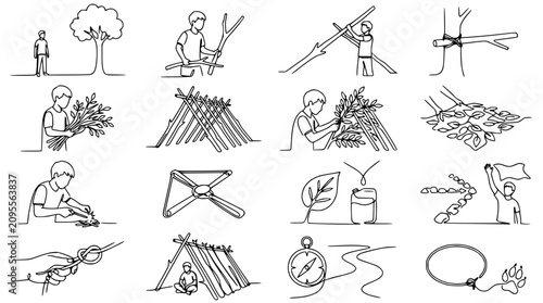 Foto Outdoor Survival Skills: Building Shelter, Fire & Navigation - Line Art Illustra