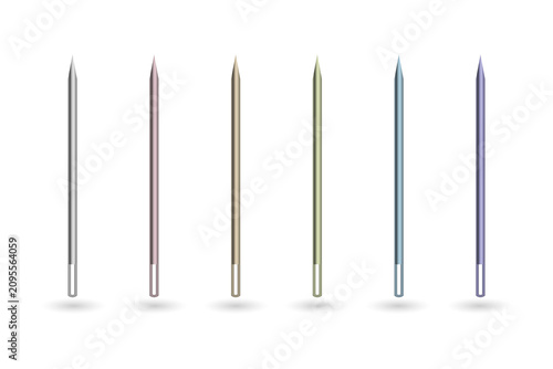 Obraz na płótnie Six vertical metal spikes with circular bases in assorted pastel colors arranged