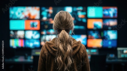 A person observing various digital content types on large screens to plan advertising strategies.