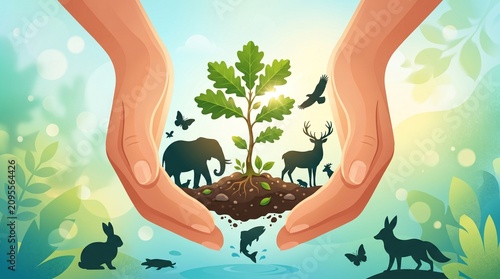 Hands cradling earth with tree, animals, and insects thriving in nature.