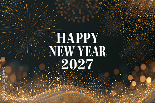 Happy New Year 2027 花火 ゴールドグリッター 豪華な新年イラスト
