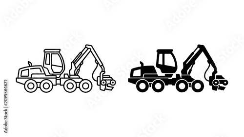Logging Machine Icon Set: Two line art illustrations of a logging machine, one in outline and one in solid black, showcasing its powerful arm and grapple.