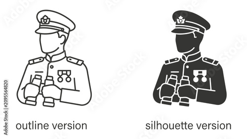 Fotografie Military Officer Icons: A graphic illustration presents two icons of a military officer in uniform holding binoculars, one in outline and the other in silhouette, symbolizing observation and command
