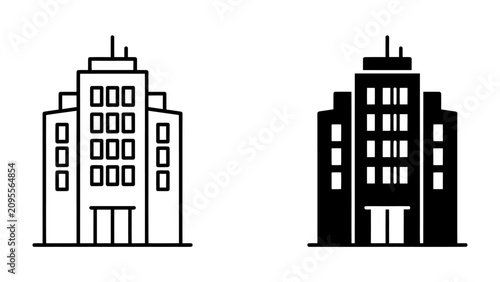 Office Building Iconography: A clean and modern icon set featuring two stylized office buildings, one in outline and the other in solid silhouette.