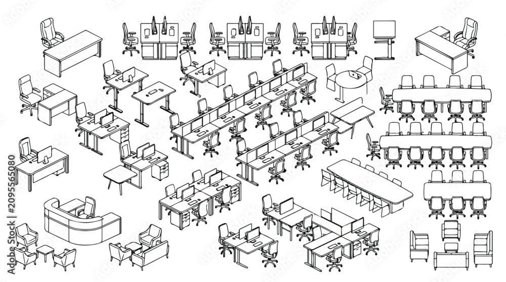 Fototapeta premium Isometric office furniture collection, black and white line art workspace set, corporate interior design elements vector